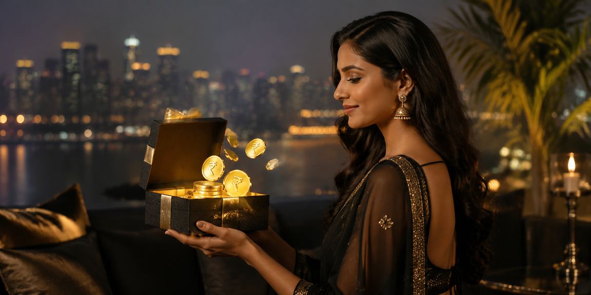 An Indian female player enjoying online Rummy game with rupee symbols